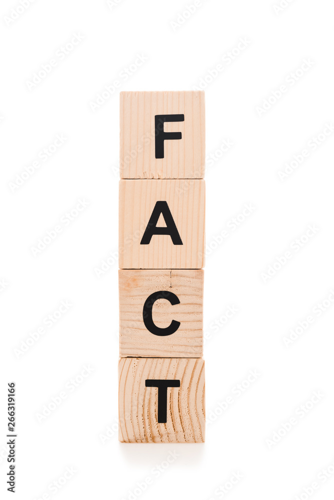 black fact lettering made of wooden blocks isolated on white