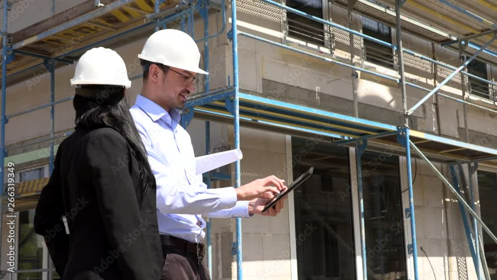 Two architects in white helmets discuss a plan at a construction site