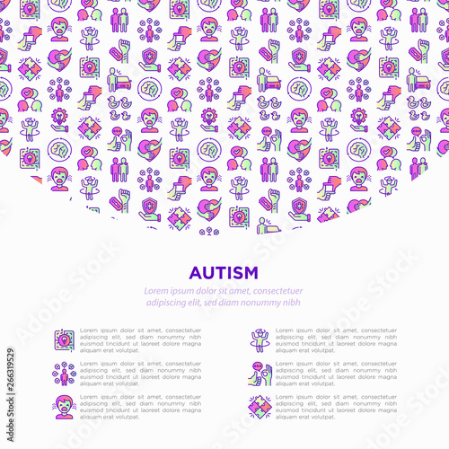Autism concept, symptoms and adaptive skills thin line icons: repetitive behavior, stereotypy, ignoring of danger, autoaggression, hysterics, communication, social interaction. Vector illustration.