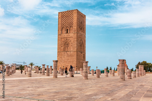 Tour Hassan tower with stone columns in the square - Hassan Tower or Tour Hassan is the minaret of an incomplete mosque in Rabat, Morocco