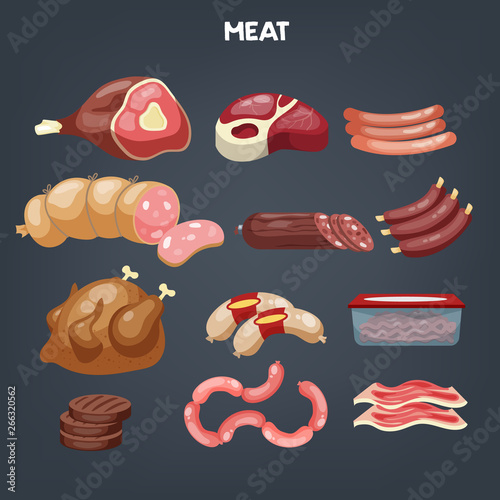 Meat set. Collection of beef and pork steak, ham