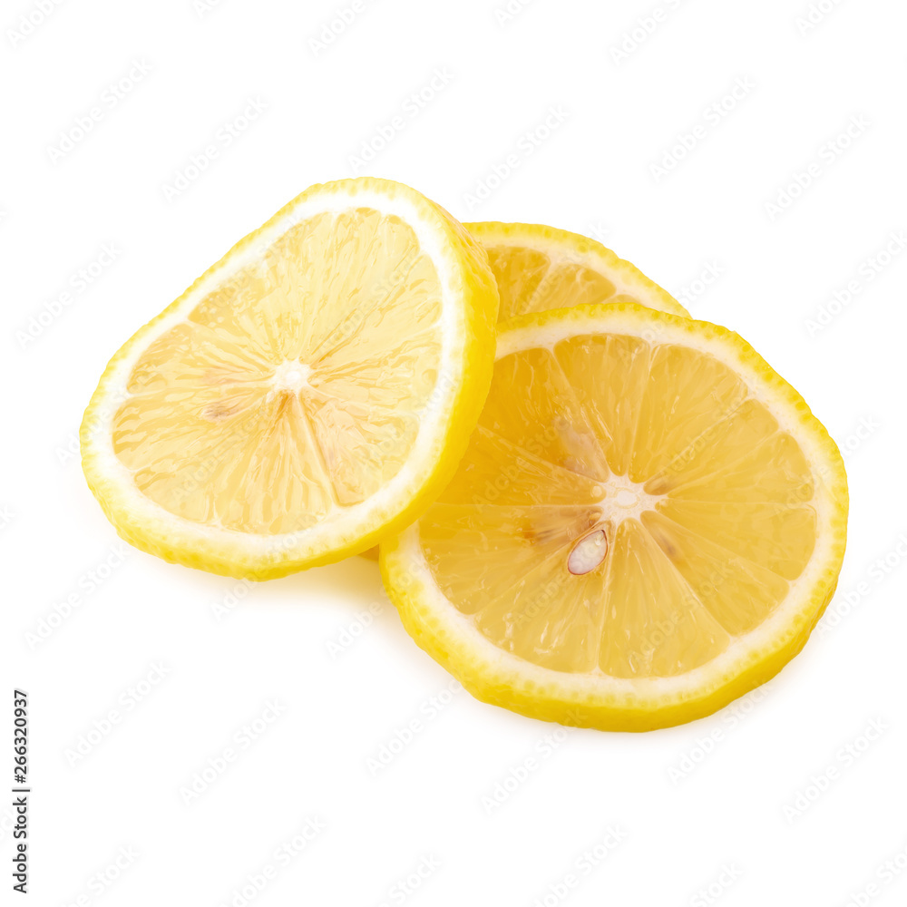 Ripe slice of yellow lemon citrus fruit isolated over white background Ripe slice of yellow lemon citrus fruit isolated over white background