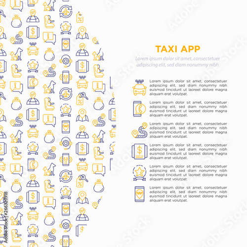 Taxi app concept with thin line icons: payment method, promocode, app settings, info, support service, route, destination, airport transfer, baby seat. Vector illustration for print media.