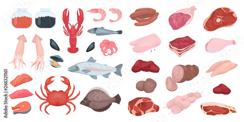 Fish and meat food set. Collection of fresh delicious meal