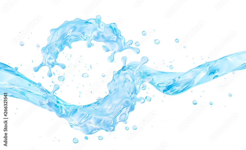 Fresh pure water swirl splash. Clean transparent water liquid wave in spiral  form isolated on white.  Healthy drink fluid splash, hydration or saving water banner design. 3D render - obrazy, fototapety, plakaty 