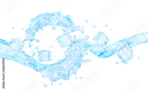 Fresh pure ice water wave splash. Clean transparent water or liquid fluid wave in round splashes aqua form. Healthy drink fluid splash concept with ice cubes isolated.  3D render