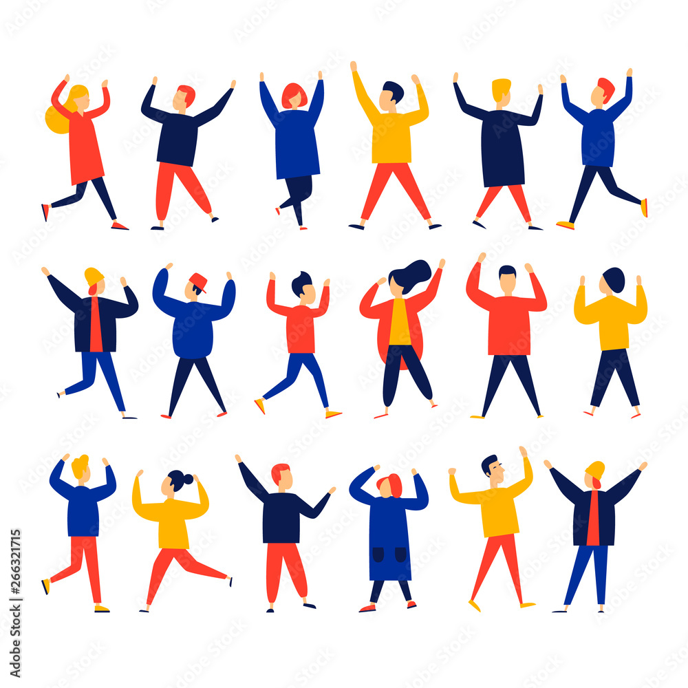 Cheerful people jump, rejoice, laugh. Flat illustration in cartoon style. Vector.	