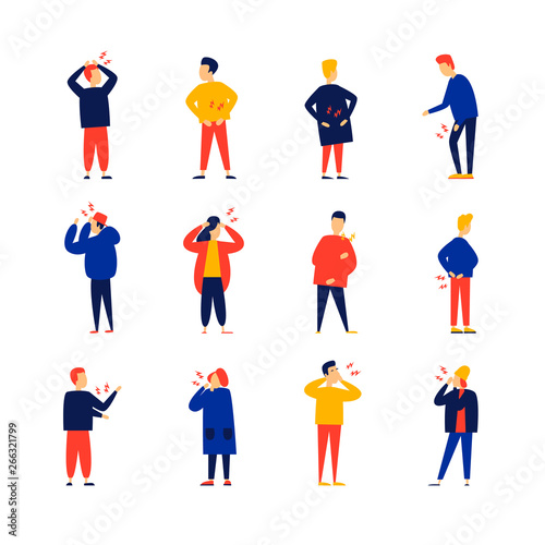 Sick people, headache back knee, elbow, stomach. Flat illustration in cartoon style. Vector.	