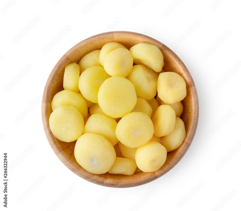 Water chestnut in wood bowl on white background. top view Water chestnut in wood bowl on white background. top view
