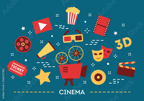 Cinema concept. Movie, popcorn and ticket. Entertainment