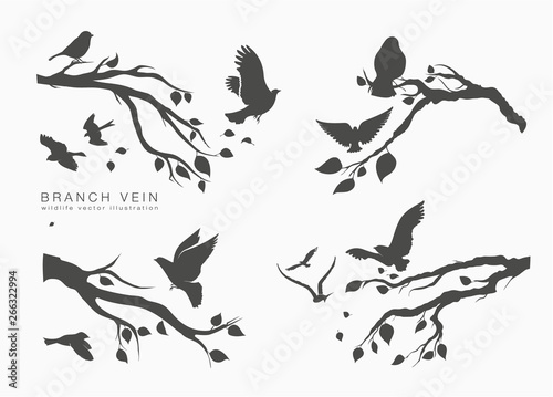 figure set flock flying birds on tree branch