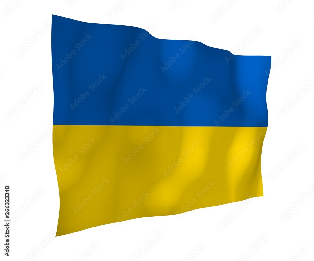 The flag of Ukraine on a white background. National flag and state ensign. Blue and yellow bicolour. 3D illustration waving flag The flag of Ukraine on a white background. National flag and state ensign. Blue and yellow bicolour. 3D illustration waving flag