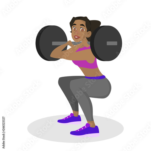 Woman making squats with barbell. Doing sport exercises