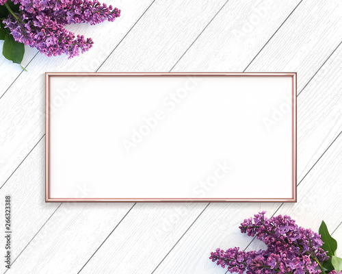 Rose gold frame mockup on a wooden painted white background. 1x2 Landscape photo