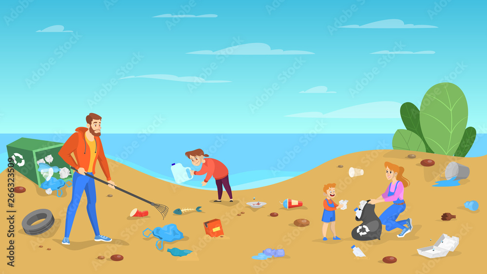 Family clean the beach. People put away garbage