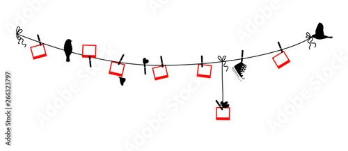 Vector isolated clothesline with photo frames and birds. 
