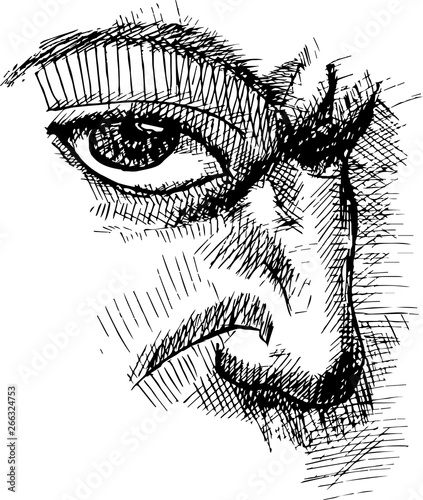 Illustration of eye, nose, frowning eyebrow technique.