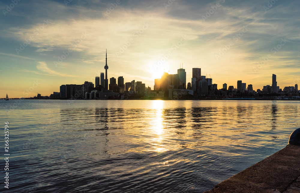Toronto's waterfront skyline at sunset