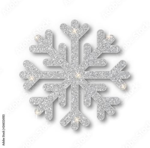 Silver snowflake, Christmas decoration, covered bright glitter. Silver glitter texture snowflake isolated. Xmas ornament silver snow with bright sparkle