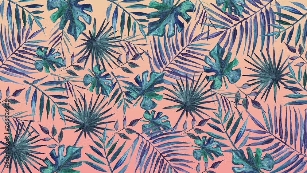 Watercolor background with tropical leaves on a pink background. Watercolor background with tropical leaves on a pink background.