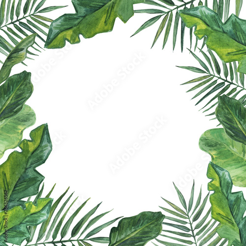 Frame with palms leaves. Watercolor illustration.