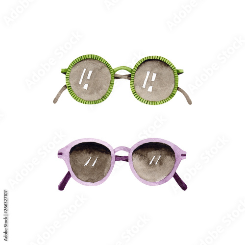 Watercolor sunglasses. Summer vacation items isolated on white. Greenery and wine color. Hand painted set perfect for card making, vintage design and fabric textile. Illustration