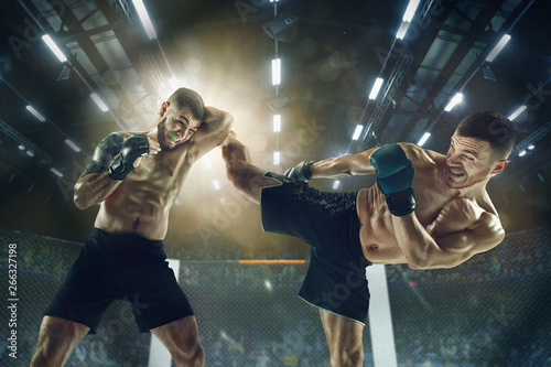 Hit for one step to the win. Two professional fighters posing on the sport boxing ring. Couple of fit muscular caucasian athletes or boxers fighting. Sport, competition and human emotions concept.