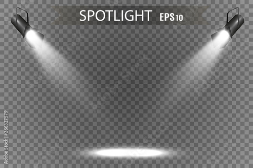 	 Light sources, concert lighting, spotlights. Concert spotlight with beam, illuminated spotlights for web design illustration.