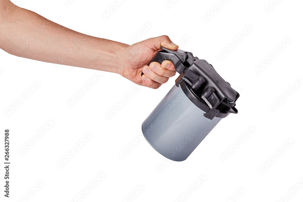 Man pouring from a plastic camping jug on white background, Copy space Man pouring from a plastic camping jug on white background, Copy space