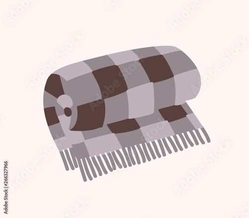 Woolen checkered plaid with fringe or warm rolled tartan blanket isolated on white background. Home decoration in Hygge style, decorative design element. Flat cartoon colorful vector illustration.