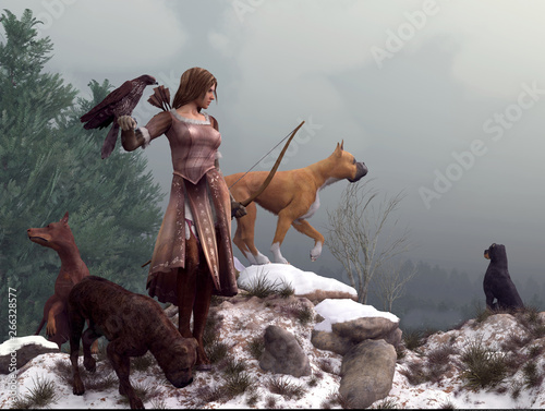 Obraz na plátně Artemis, Goddess of the hunt and archery, dressed in brown leather stands on a snowy mountain top with a hawk on one arm and her hunting dogs all around her