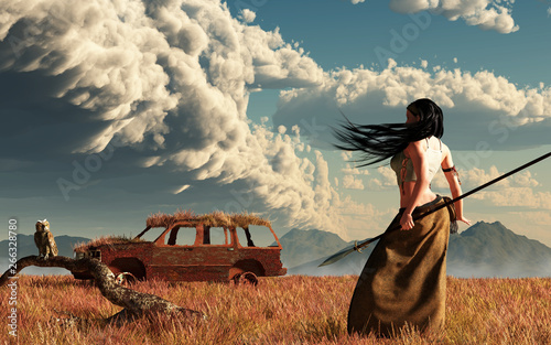 Принти на полотні In this post apocalypse scene, a tribal huntress carrying a spear treks across a grassy plain