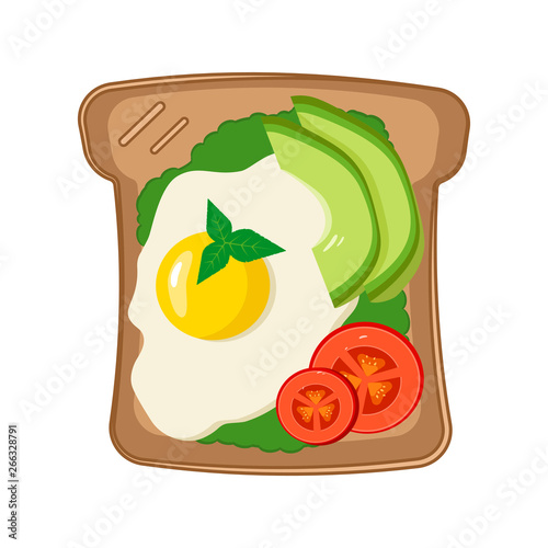 Vector flat toast illustration with avocado and egg, seeds, herbs and tomatoes on black bread. Isolated on white background Healthy breakfast. Vegetarian food.