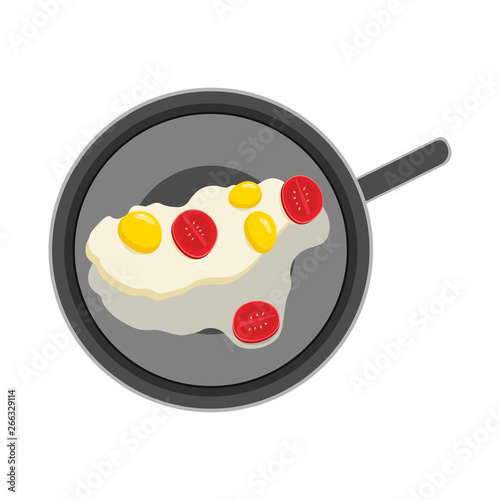 Vector flat illustration, eggs with tomatoes fried in a pan on an isolated white background. Healthy breakfast.