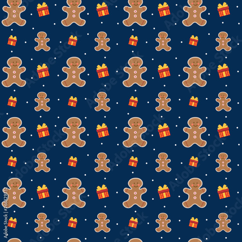 Beautiful bright seamless pattern. Vector small and big gingerbread man with gifts on a blue background of falling snow.
