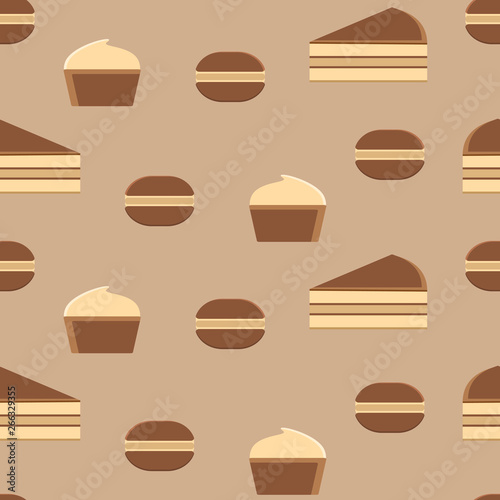 Vector seamless pattern with cake, cookies and cupcakes on an isolated brown background.