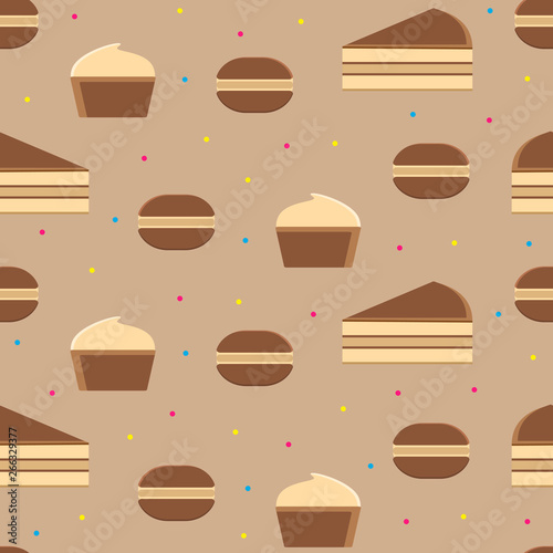 Vector seamless pattern with cake, cookies and cupcakes on an isolated brown background.