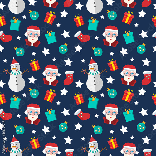 Bright seamless pattern. Vector Santa with funny snowman, christmas ball, sock and gifts.