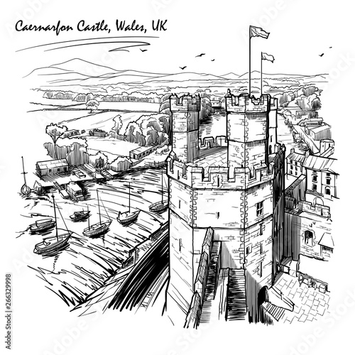 Caernarfon Castle, North Wales, UK, with a magnificent panorama of Snowdonia behind. Engraving style sketch. Vintage design. Travel sketchbook drawing. EPS10 vector illustration.