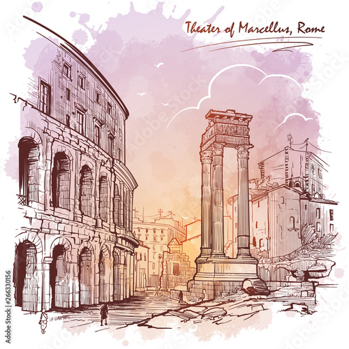 Theater of Marcellus and portico of Octavia in Rome, Italy. Monochrome linear drawing isolated on a textured grunge watercolor background. Vintage design. Travel sketchbook drawing. EPS10 vector
