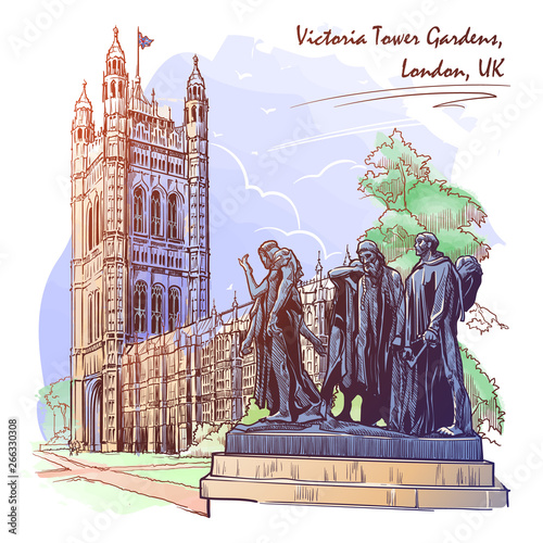 Citizens of Calais statue with the Victoria Tower and the Houses of Parliament behind. Westminster, London, UK. Painted sketch. Vintage design. Travel sketchbook drawing. EPS10 vector illustration