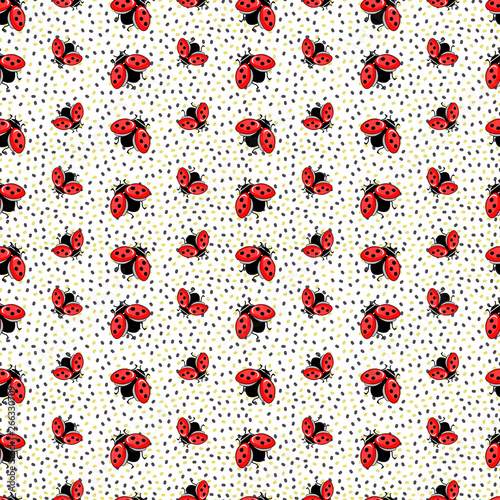 Vector seamless pattern with ladybug on white isolated background. Abstract silhouette of a ladybug with seeds. Beautiful design for wallpapers, fabrics, posters.