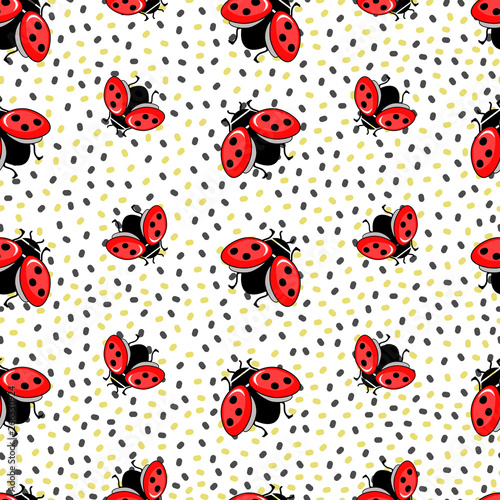 Vector seamless pattern with ladybug on white isolated background. Abstract silhouette of a ladybug with seeds. Beautiful design for wallpapers, fabrics, posters.