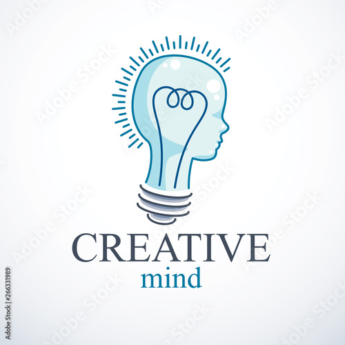 Creative brain concept, intelligent person vector logo. Light bulb in a shape of child head profile. Bright mind, thinking and brainstorming idea icon.