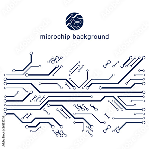 Vector abstract technology illustration with circuit board. High tech digital scheme of electronic device. Technology microchip abstract background