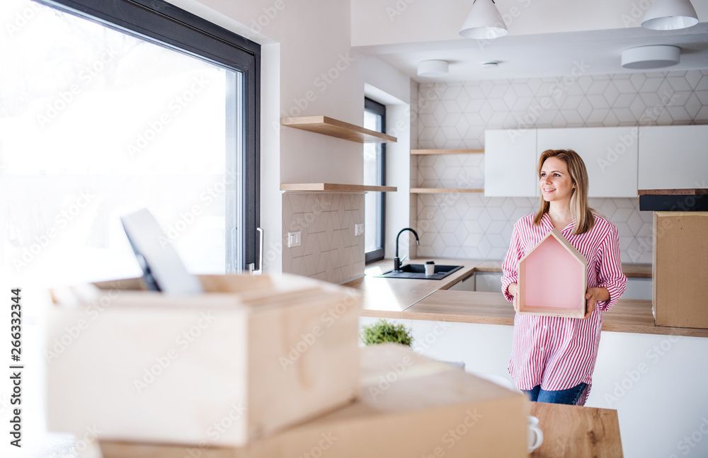 A young woman moving in new home, a concept. A young woman moving in new home, a concept.