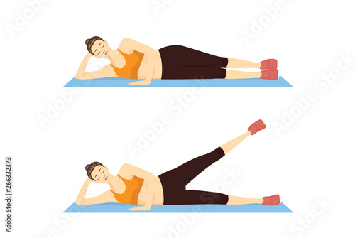 Woman doing Side Leg Raise Exercise with lying in 2 Step on blue mat. Illustration about Thighs Workout.