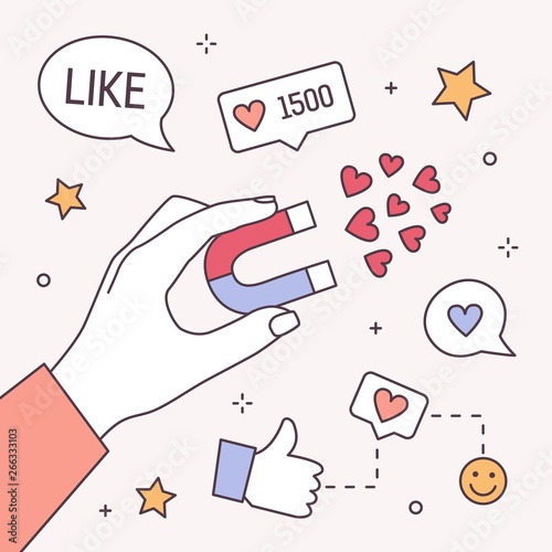 Square banner template with hand holding magnet, thumbs up and like symbols. Social media marketing, content management, positive feedback. Modern colorful vector illustration in line art style.