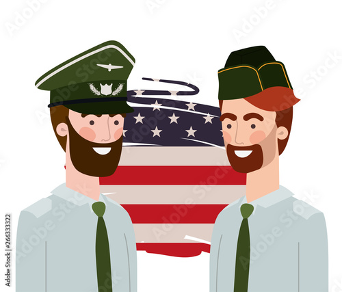 men soldiers of war with flag of united states background