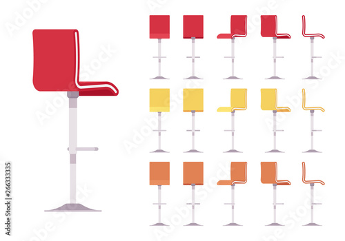 High barstool set. Adjustable dinning chair, stylish cafe and restaurant furniture, kitchen area element. Vector flat style cartoon illustration isolated on white background, different views, colors